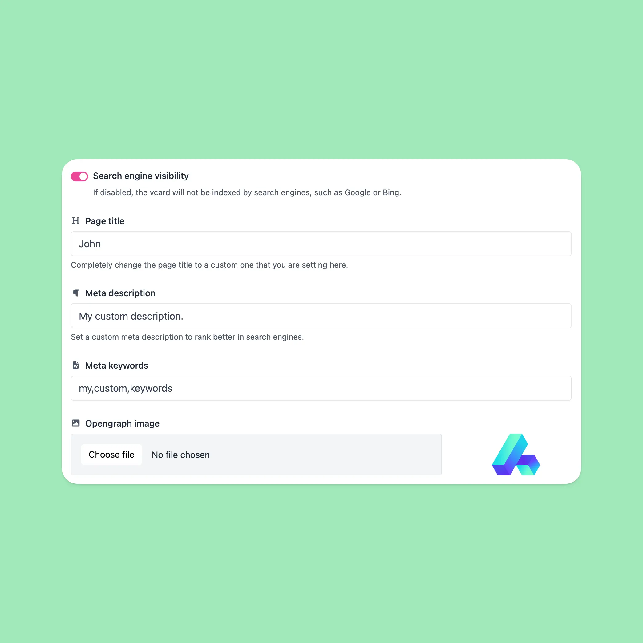Screenshot der App vCard SEO-Einstellungsseite